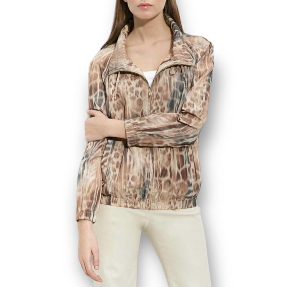 St. John Animal Printed Taffeta Windbreaker Jacket Praline Multi Women’s P